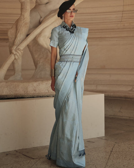 Sky Blue Silk Handloom Woven Saree