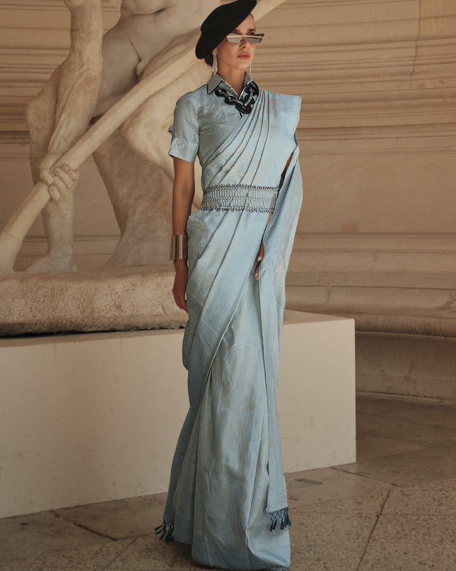 Sky Blue Silk Handloom Woven Saree