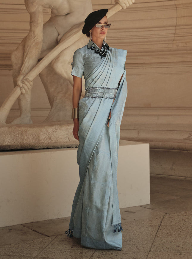 Sky Blue Silk Handloom Woven Saree