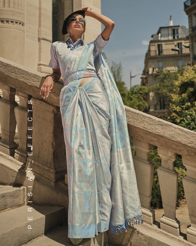Sky Blue Silk Handloom Woven Saree