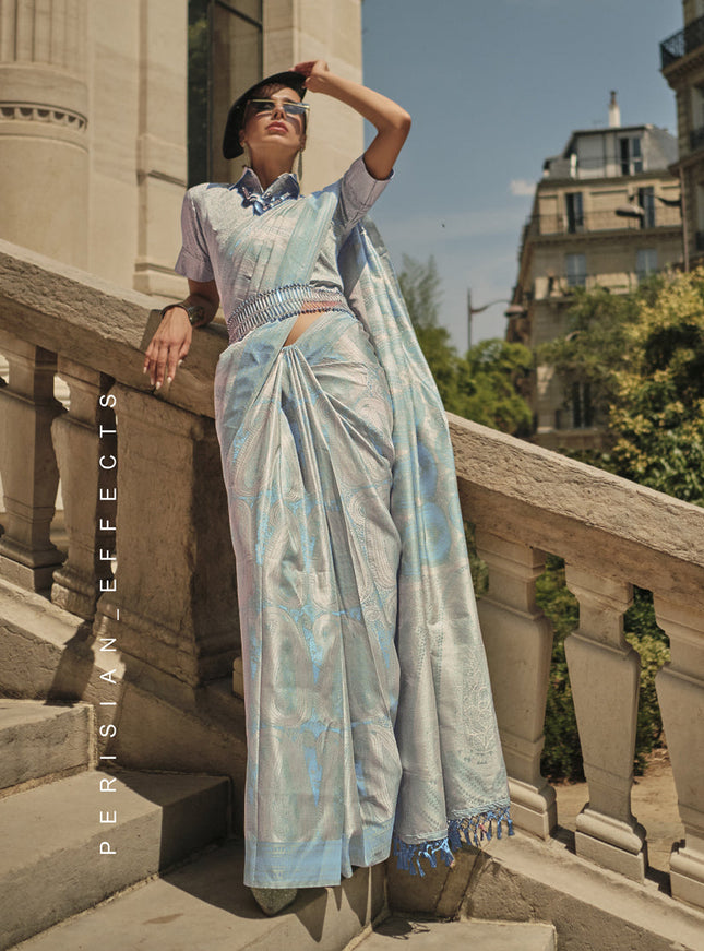 Sky Blue Silk Handloom Woven Saree