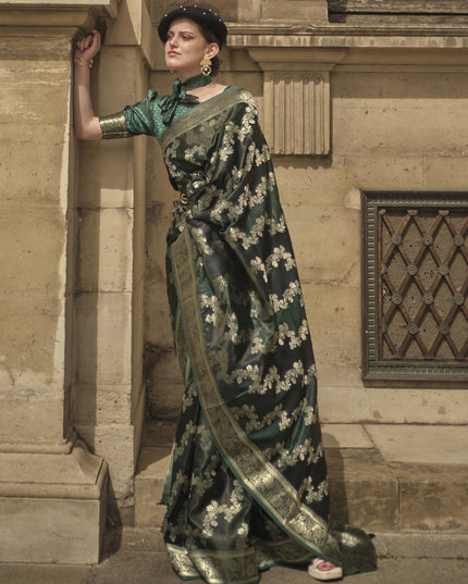 Bottle Green Satin Silk Woven Saree