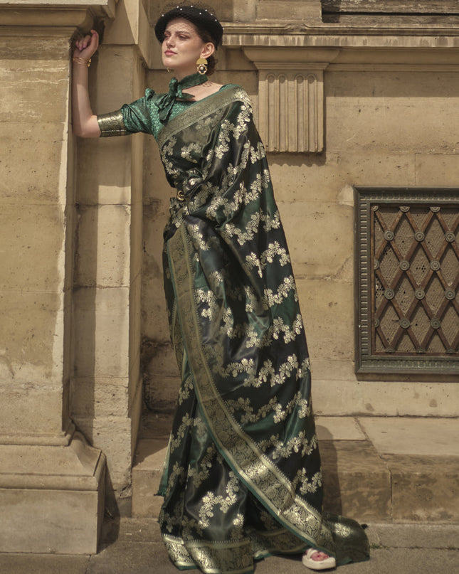 Bottle Green Satin Silk Woven Saree