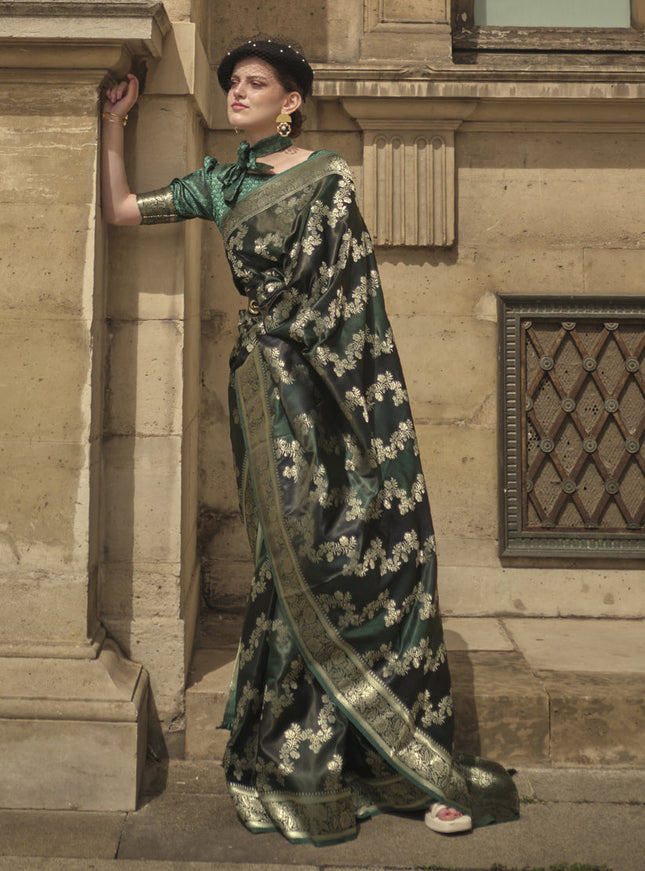 Bottle Green Satin Silk Woven Saree