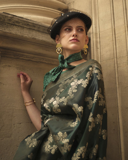 Bottle Green Satin Silk Woven Saree