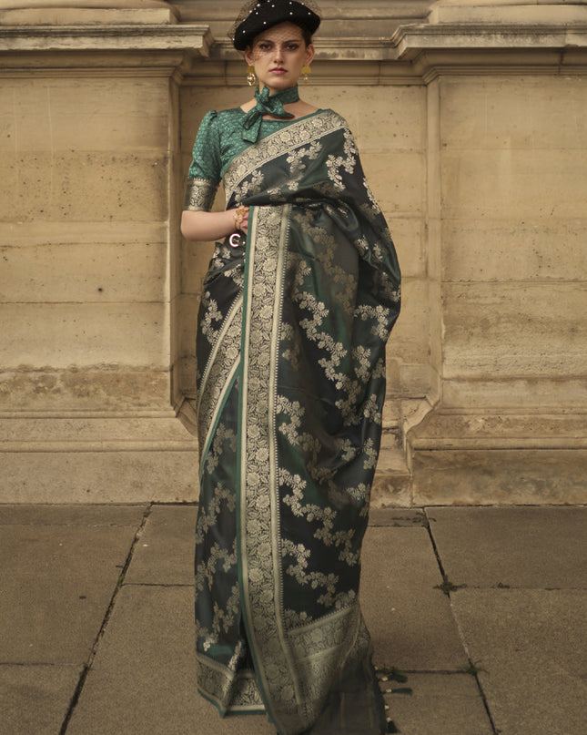 Bottle Green Satin Silk Woven Saree