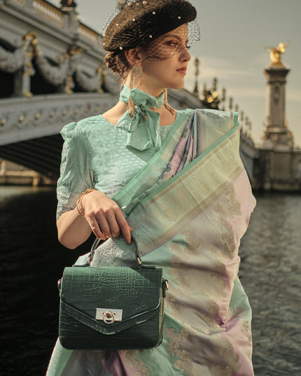 Mint Green Satin Silk Woven Saree