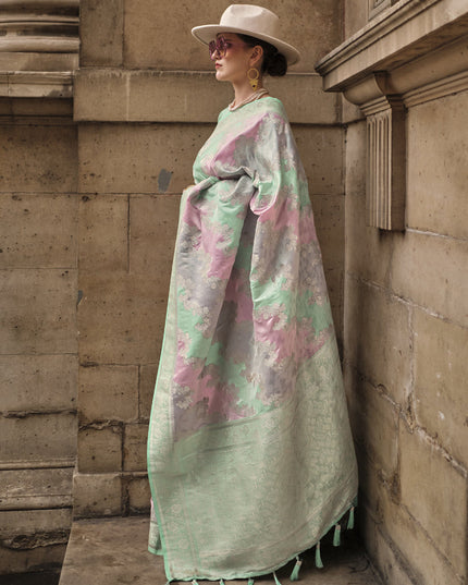 Mint Green Satin Silk Woven Saree