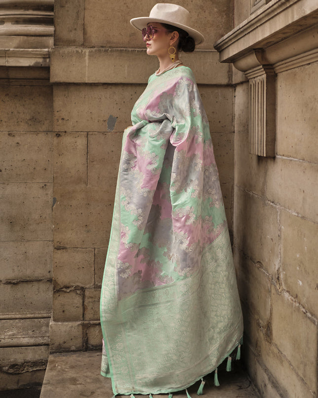 Mint Green Satin Silk Woven Saree