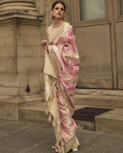 Soft Pink Satin Silk Woven Saree
