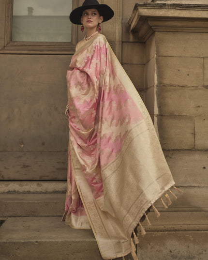Soft Pink Satin Silk Woven Saree