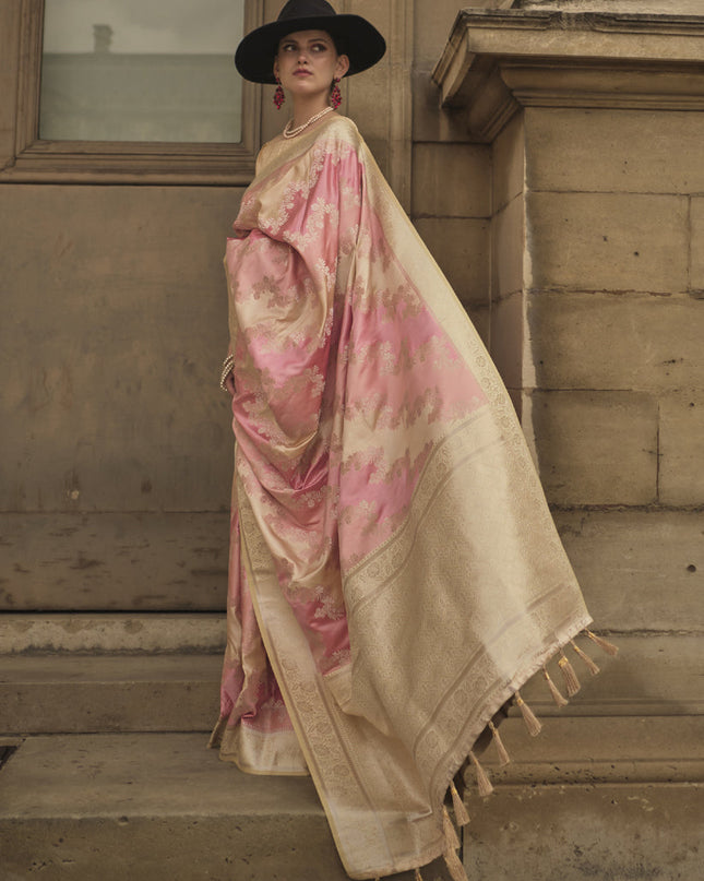 Soft Pink Satin Silk Woven Saree