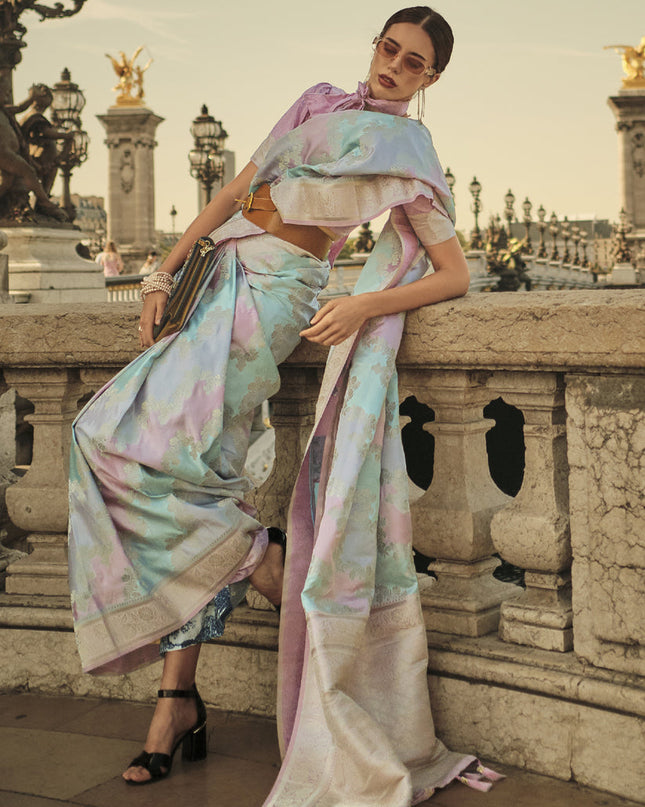 Sky Blue Satin Silk Woven Saree