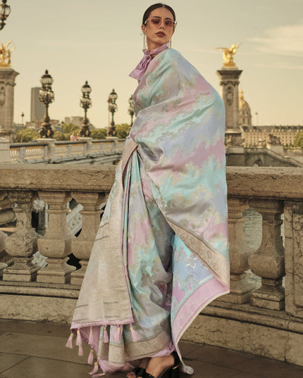 Sky Blue Satin Silk Woven Saree