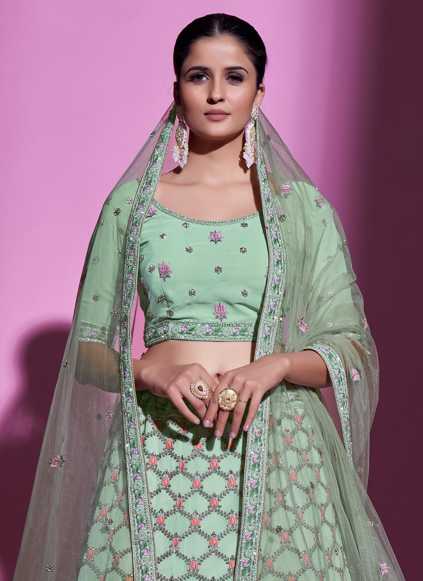 Mint Green Georgette Embroidered Designer Lehenga Choli