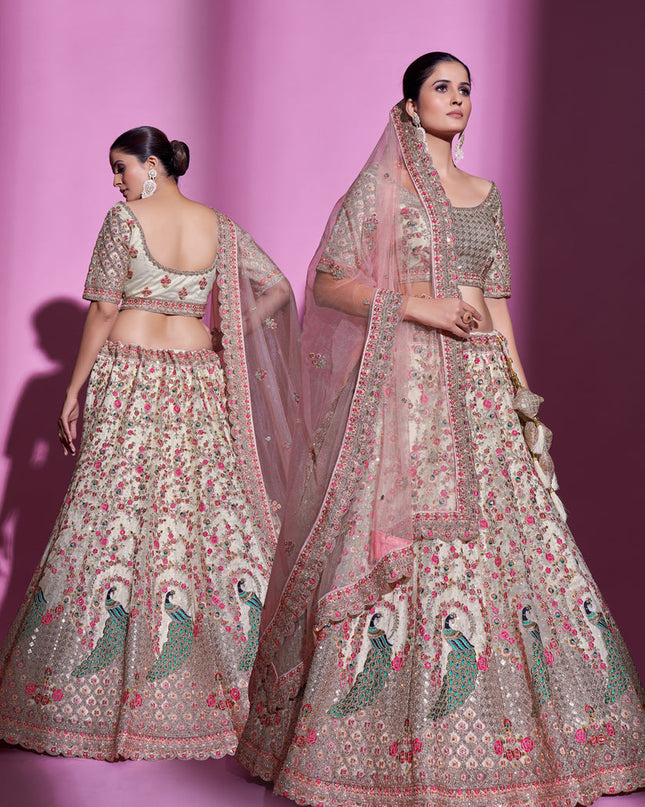 Dusty Cream Net Embroidered Designer Lehenga Choli