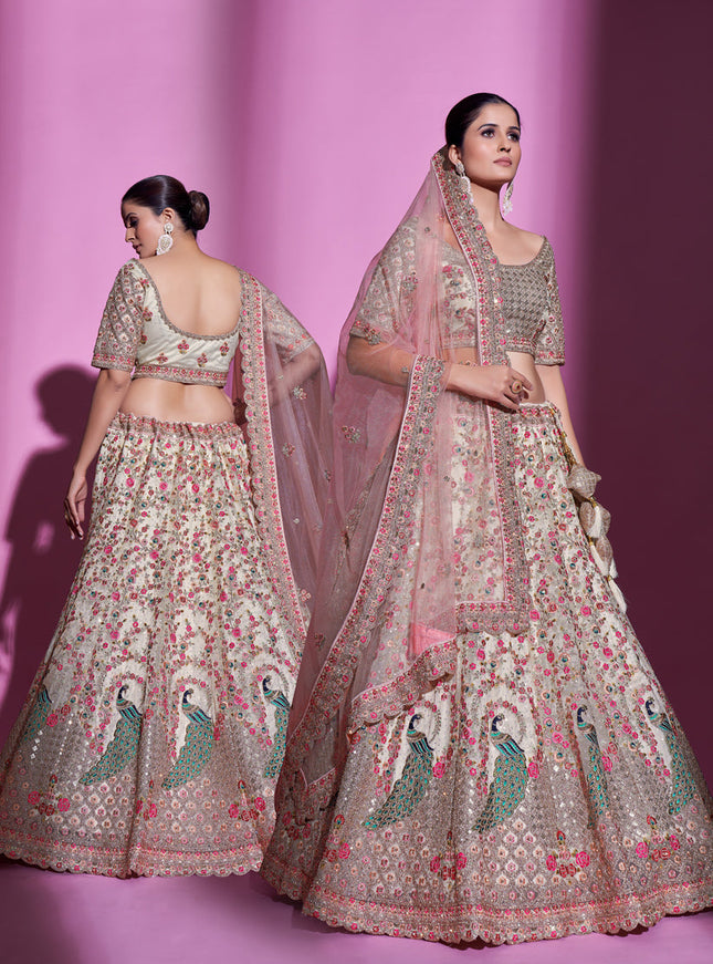 Dusty Cream Net Embroidered Designer Lehenga Choli
