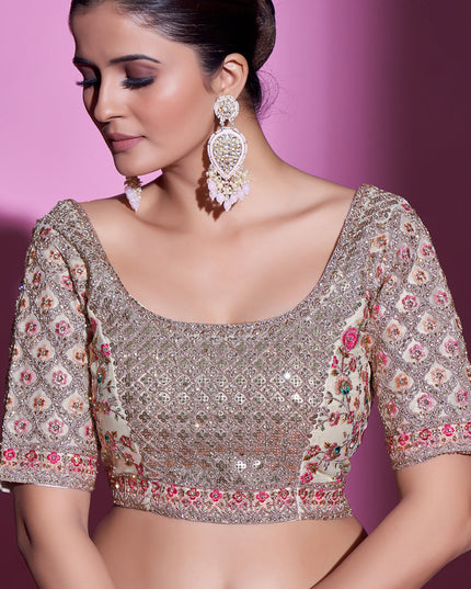 Dusty Cream Net Embroidered Designer Lehenga Choli