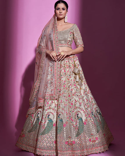 Dusty Cream Net Embroidered Designer Lehenga Choli