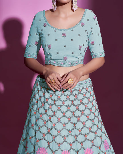 Breeze Blue Georgette Embroidered Designer Lehenga Choli