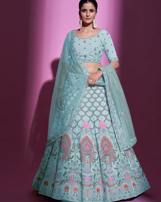 Breeze Blue Georgette Embroidered Designer Lehenga Choli
