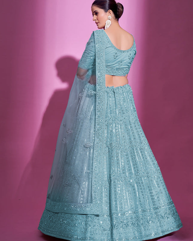 Breeze Blue Net Embroidered Designer Lehenga Choli