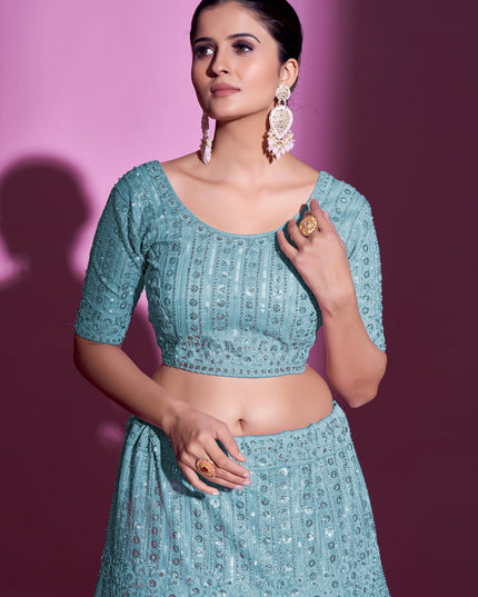 Breeze Blue Net Embroidered Designer Lehenga Choli