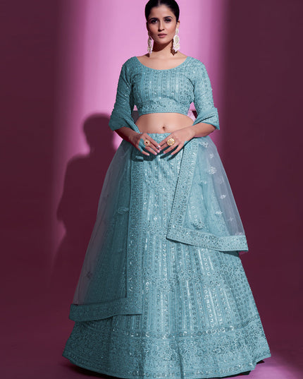 Breeze Blue Net Embroidered Designer Lehenga Choli