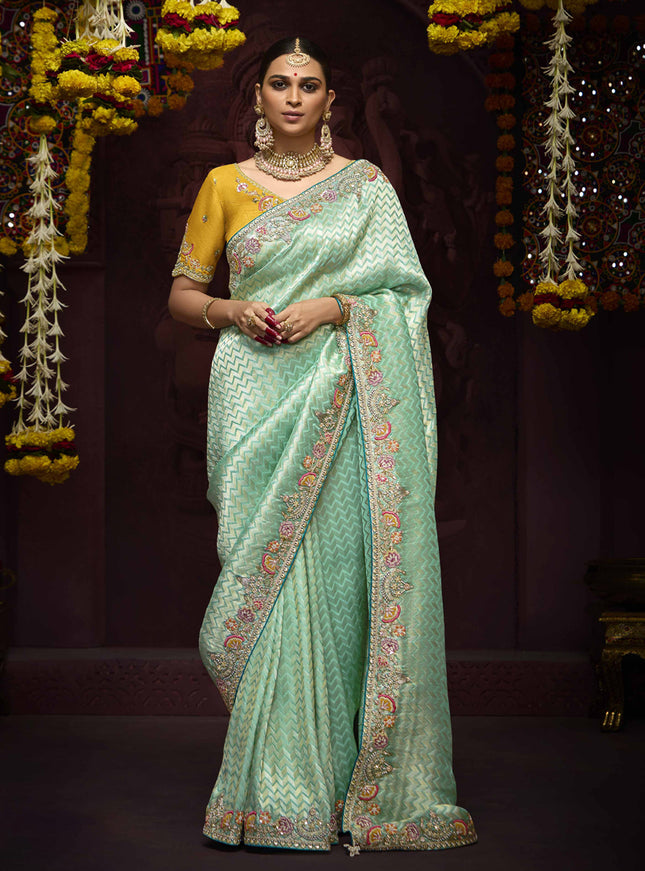 Graceful Aqua Mint Pure Banarasi Kanjivaram Saree for Wedding
