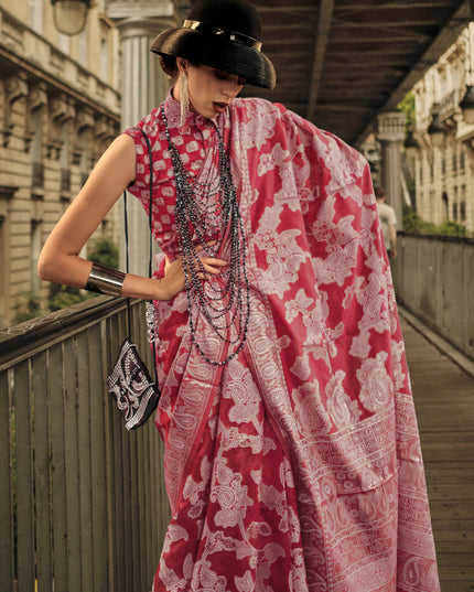 Carrot Red Organza Lucknowi Handloom Weaving Saree