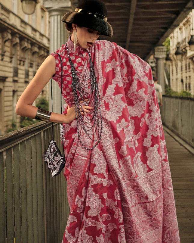 Carrot Red Organza Lucknowi Handloom Weaving Saree