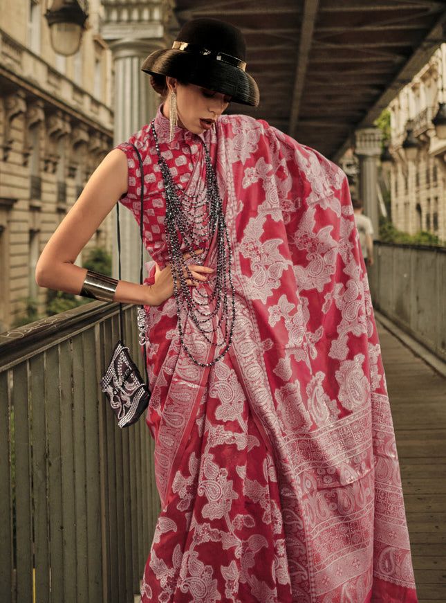 Carrot Red Organza Lucknowi Handloom Weaving Saree