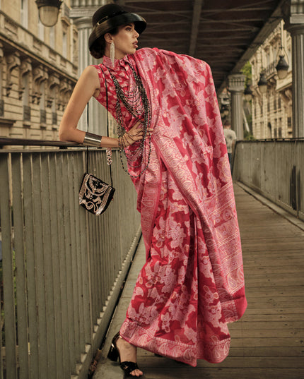 Carrot Red Organza Lucknowi Handloom Weaving Saree