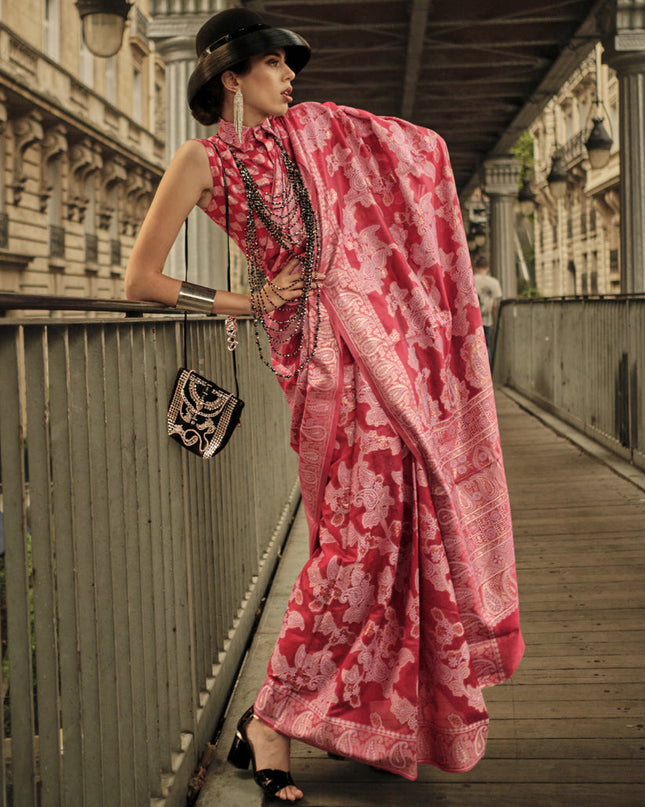 Carrot Red Organza Lucknowi Handloom Weaving Saree