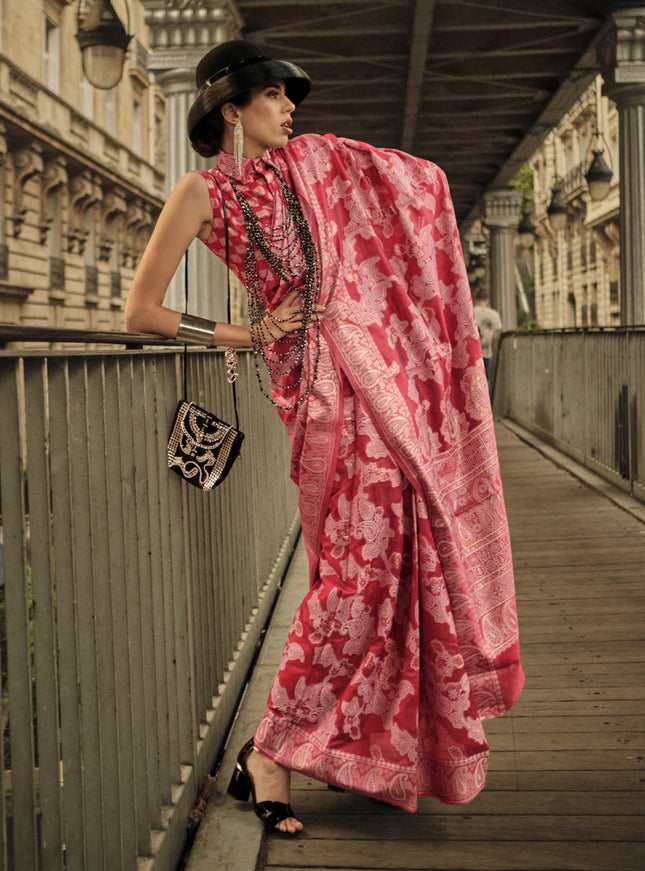 Carrot Red Organza Lucknowi Handloom Weaving Saree