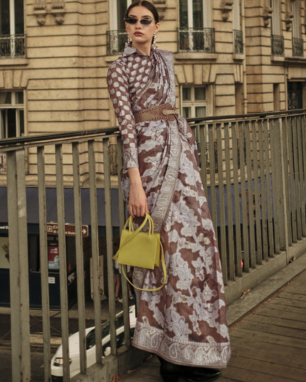 Coffee Brown Organza Lucknowi Handloom Weaving Saree