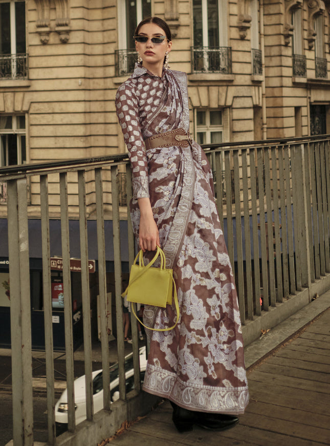 Coffee Brown Organza Lucknowi Handloom Weaving Saree