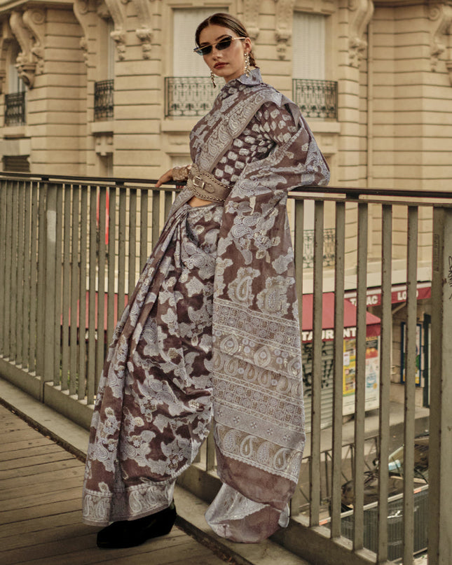 Coffee Brown Organza Lucknowi Handloom Weaving Saree