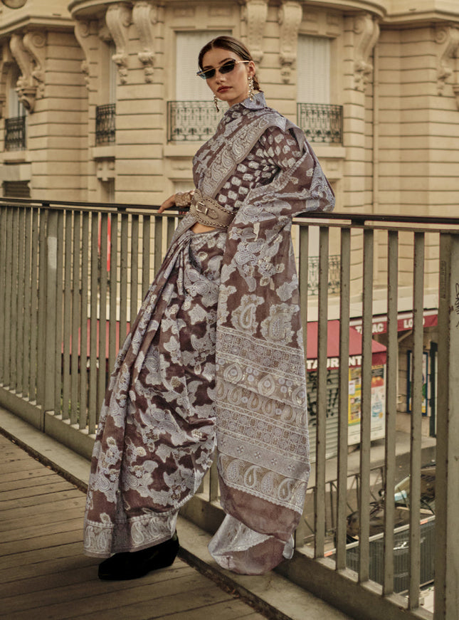 Coffee Brown Organza Lucknowi Handloom Weaving Saree