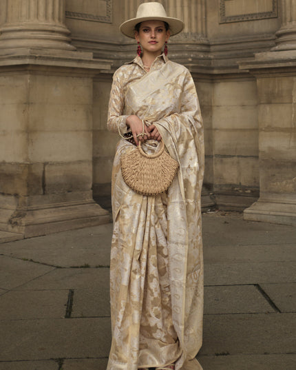 Beige Organza Lucknowi Handloom Weaving Saree