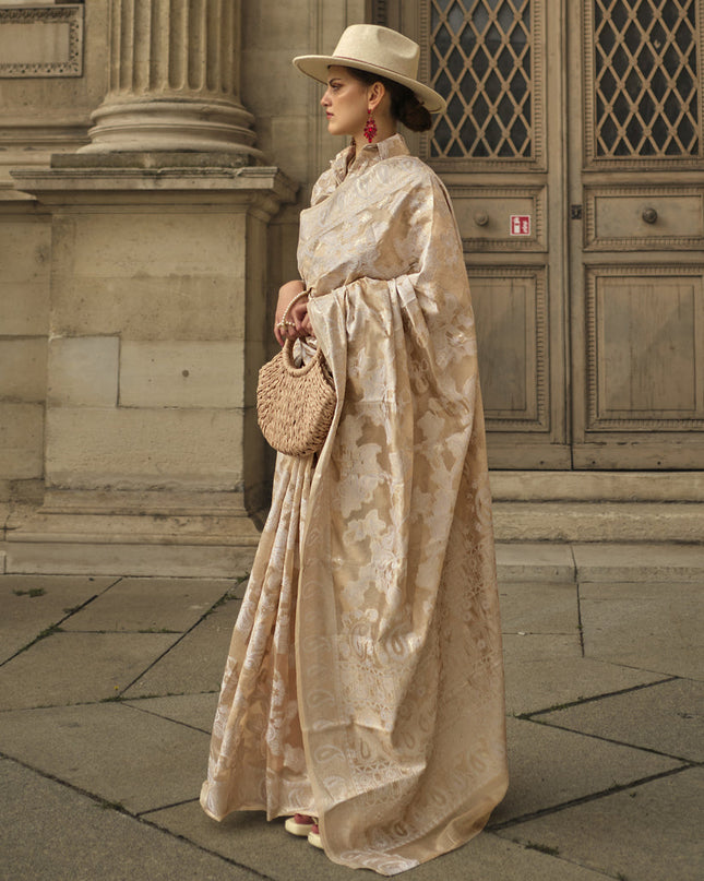 Beige Organza Lucknowi Handloom Weaving Saree