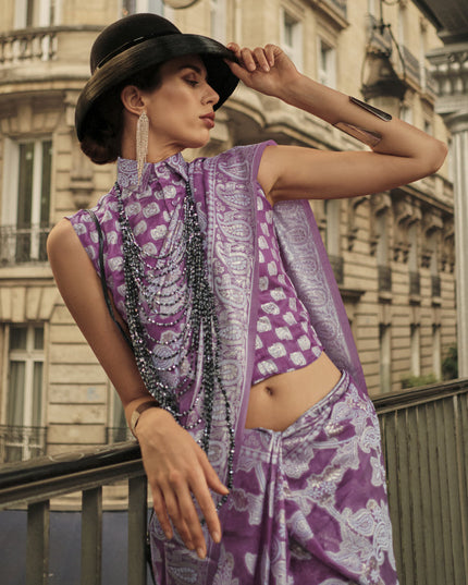 Dusty Magenta Organza Lucknowi Handloom Weaving Saree