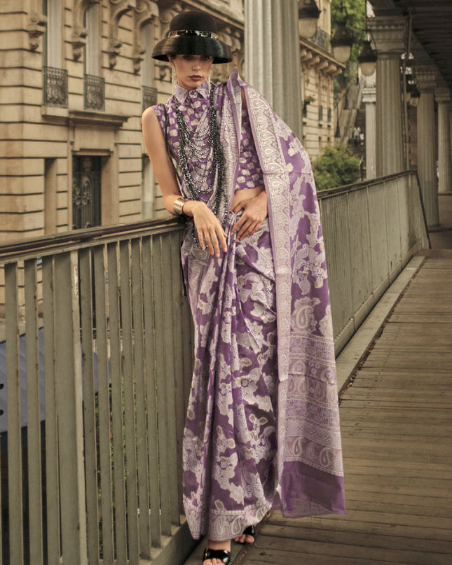 Dusty Magenta Organza Lucknowi Handloom Weaving Saree