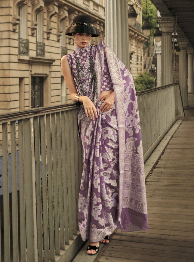 Dusty Magenta Organza Lucknowi Handloom Weaving Saree