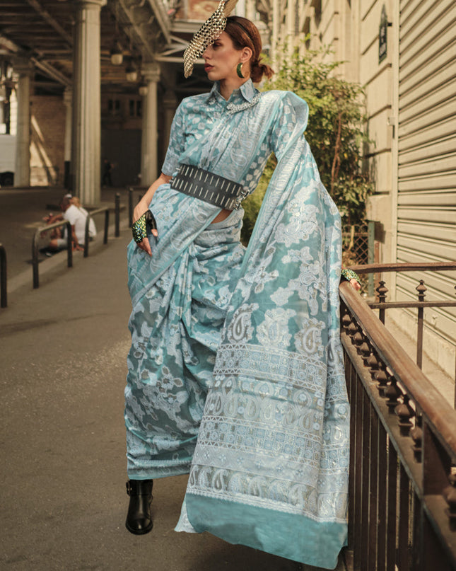 Teal Mint Organza Lucknowi Handloom Weaving Saree