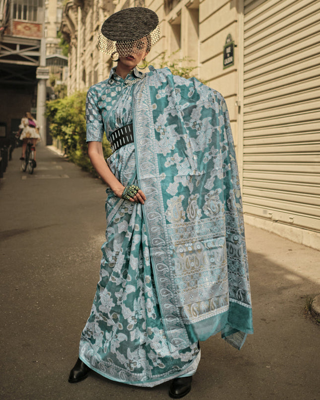 Teal Mint Organza Lucknowi Handloom Weaving Saree