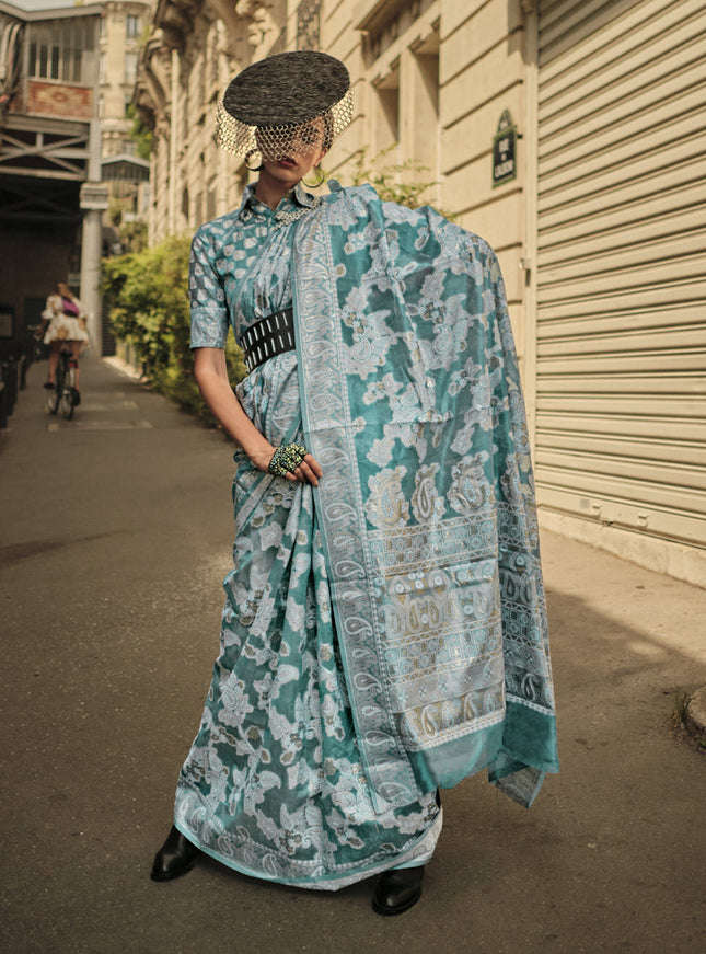 Teal Mint Organza Lucknowi Handloom Weaving Saree