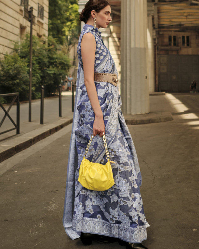 Slate Blue Organza Lucknowi Handloom Weaving Saree