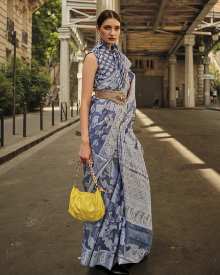 Slate Blue Organza Lucknowi Handloom Weaving Saree