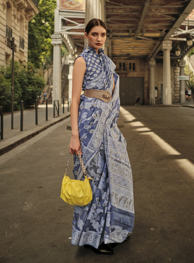 Slate Blue Organza Lucknowi Handloom Weaving Saree